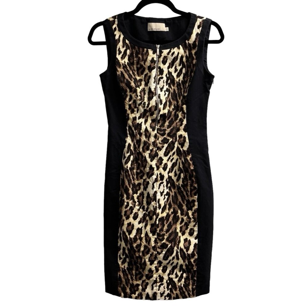 Karen Millen Dress Mixed Leopard Print Black Zip Front Sheath Size 6 Office